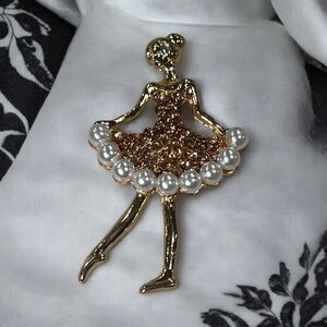 Elegant Gold Ballerina Brooch with Rhinestone and Pearl Accents